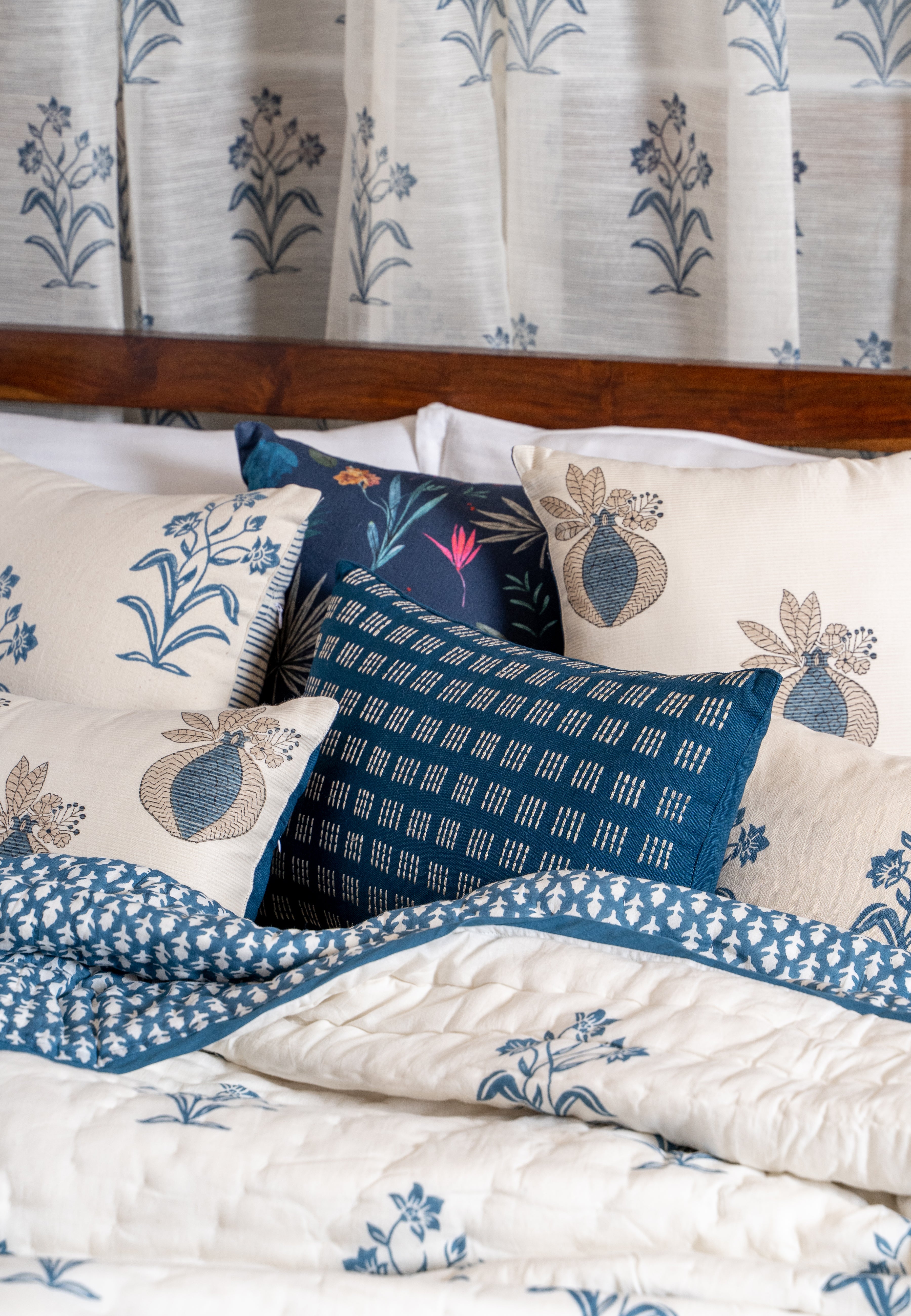 A Stitch in Time Embroidered Cushions in Blue Creme