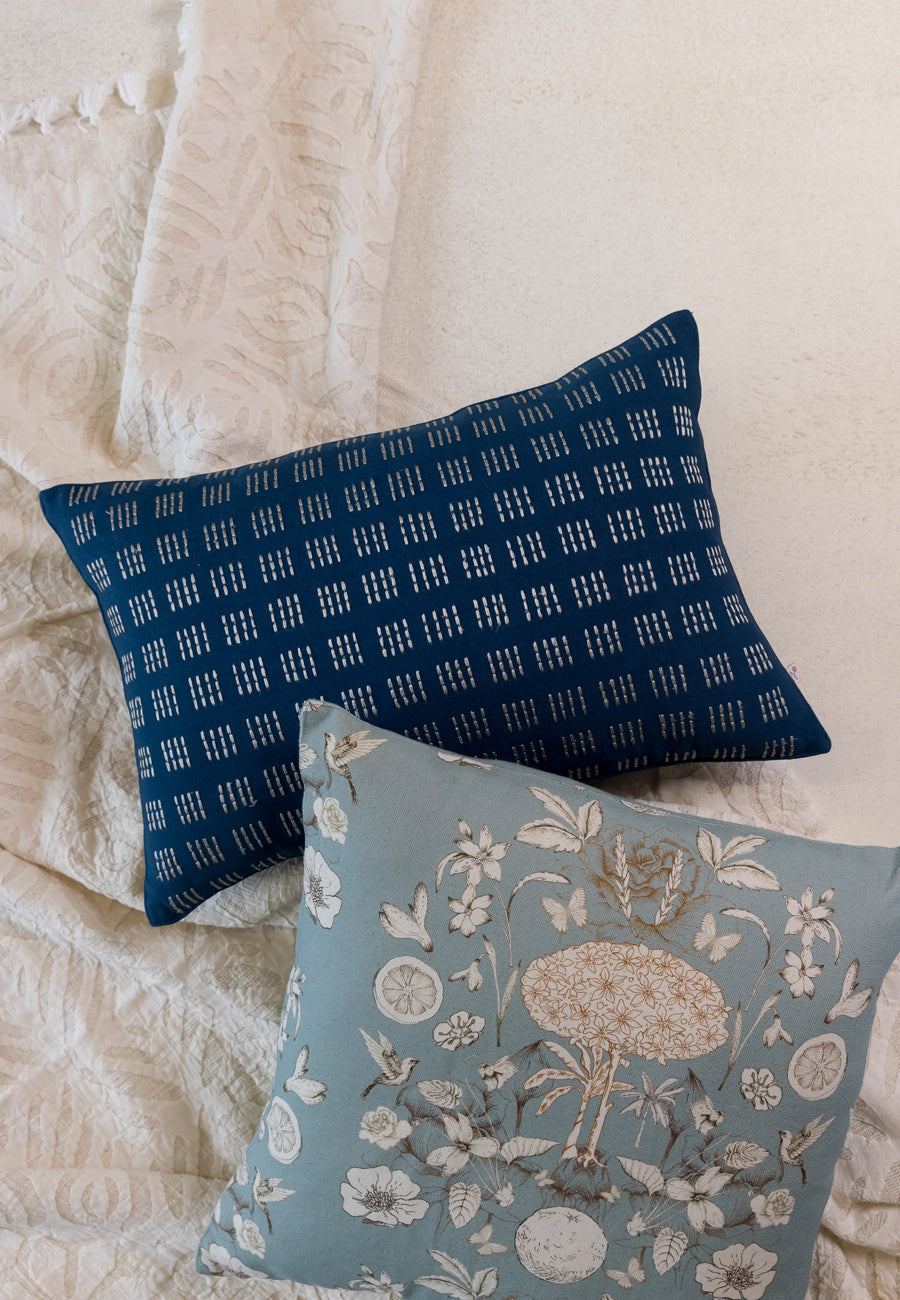 A Stitch in Time Embroidered Cushions in Blue Creme